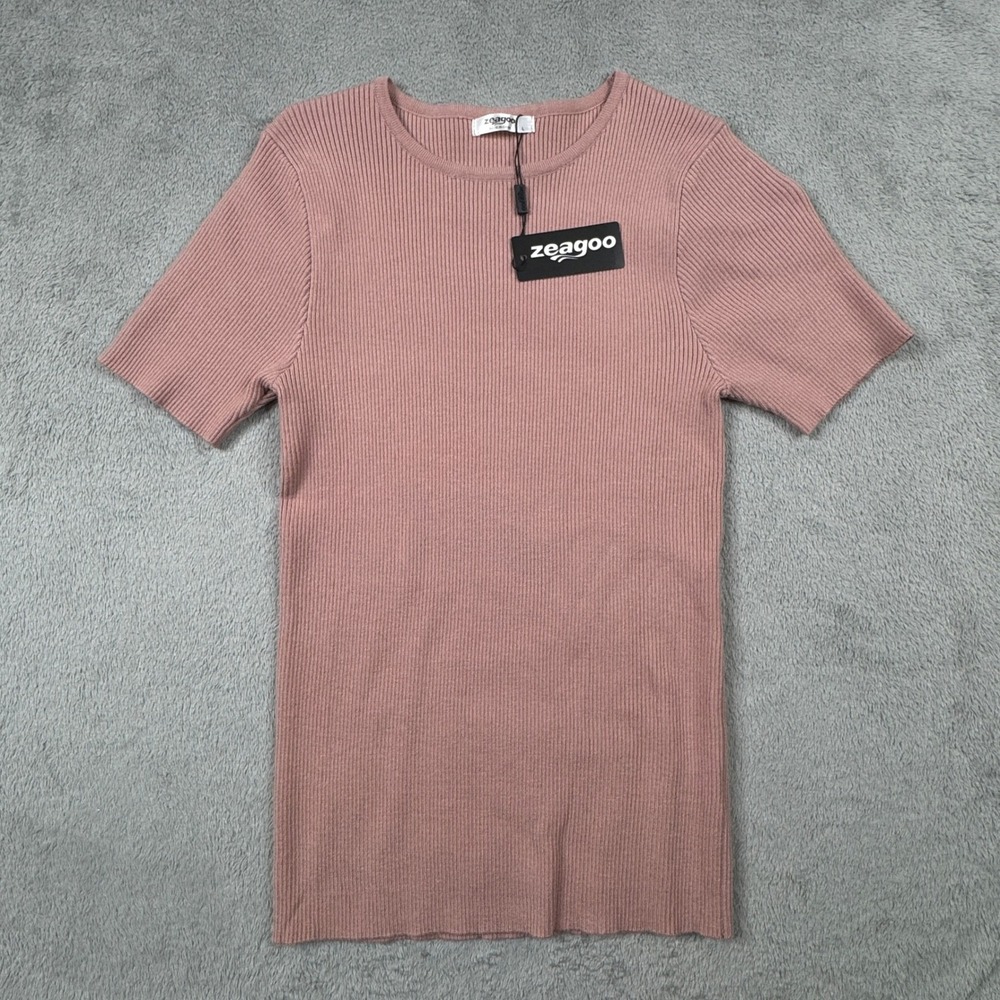 NWT‎ Zeagoo Womens Ribbed Knit Short Sleeve Crew Neck Top Dusty Rose Mauve Large